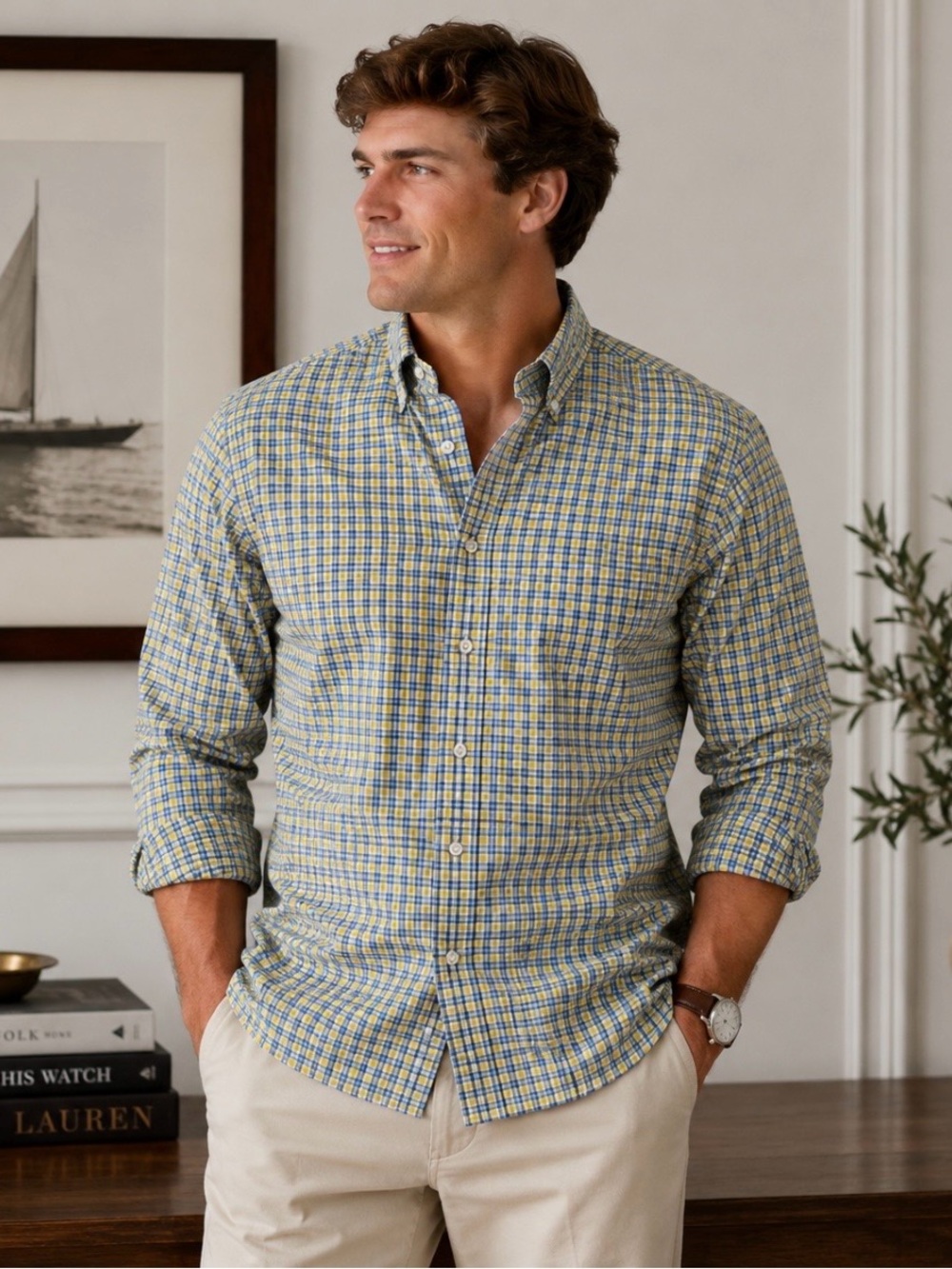 Polo Ralph Lauren Blake Mens Large Yellow Blue Plaid Long Sleeve Button Down